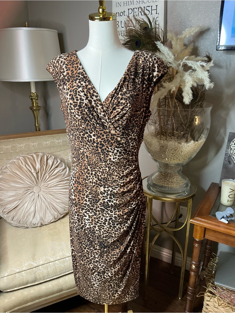NWT Ralph Lauren Leopard Print Ruched Midi Dress Luxury Mobwife - Picture 2 of 9